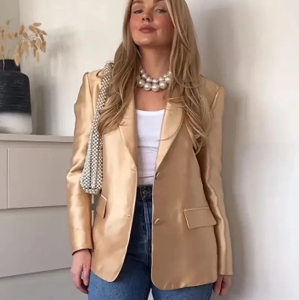 Blazer Tops Gold Turn-Down Collar Long Sleeves Pockets Single Breasted Female - Picture 1 of 9